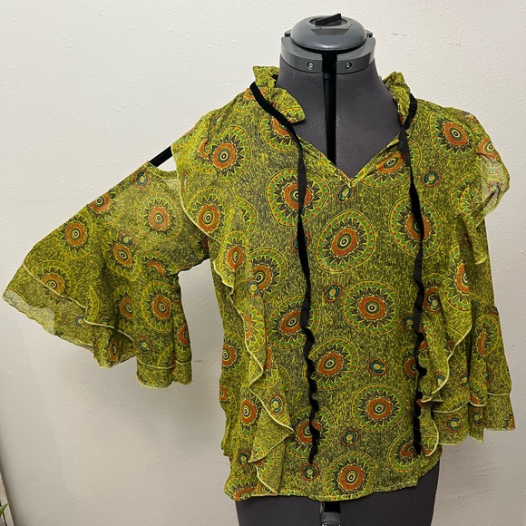 Iky & Me Flowy Mandala Cold Shoulder Ruffle Tie Up Top - Picture 6 of 16